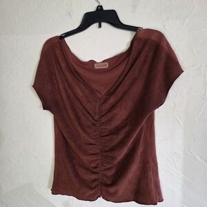 Velvet Burnt Orange Short Sleeve Ruched V-neck Top, Size XL